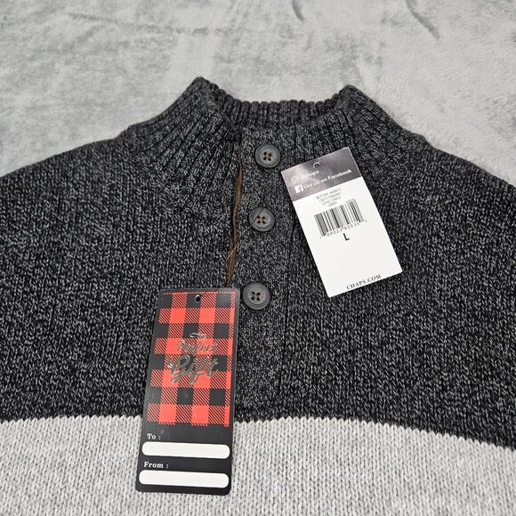 Chaps Sweater Mens Large Gray Stripe 1/4 Button Preppy Cotton Pullover NEW - Picture 3 of 9